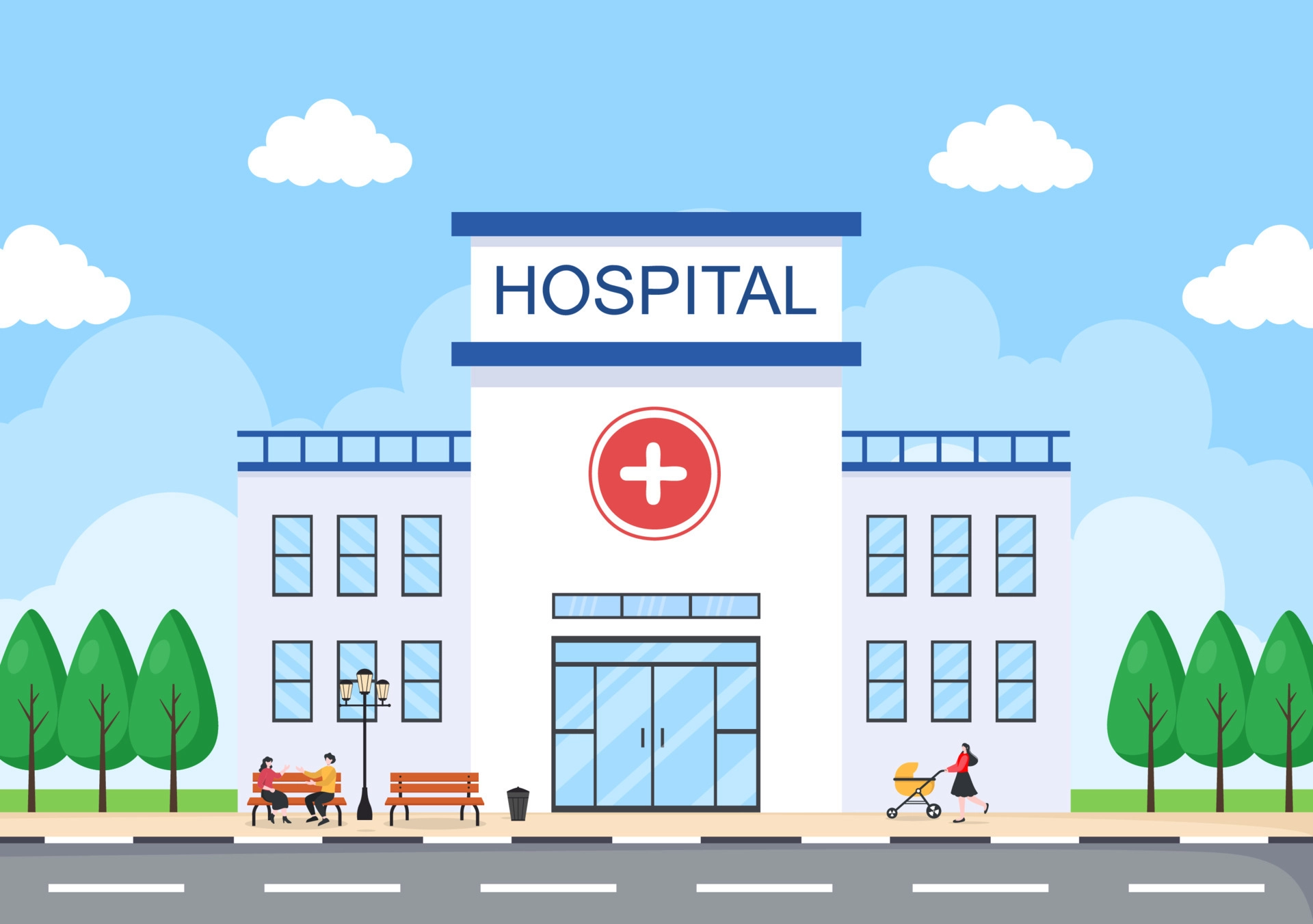 hospital-building-for-healthcare-background-illustration-with-ambulance-car-doctor-patient-nurses-and-medical-clinic-exterior-free-vector
